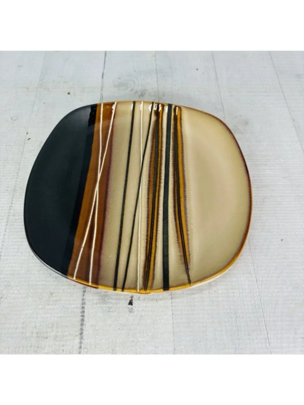 Home Trends BAZAAR BROWN Stoneware Square Emboss Stripe Lunch Salad Plate Set 4